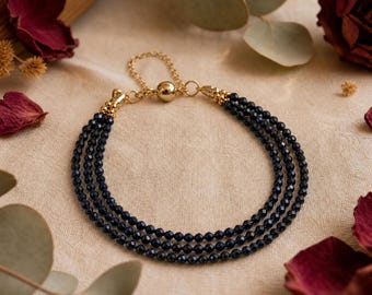 Tiny Black Obsidian Bracelet, Empath Protection Grounding Crystal, 14K Gold Tone Adjustable Natural Faceted Gemstone Gift for Her