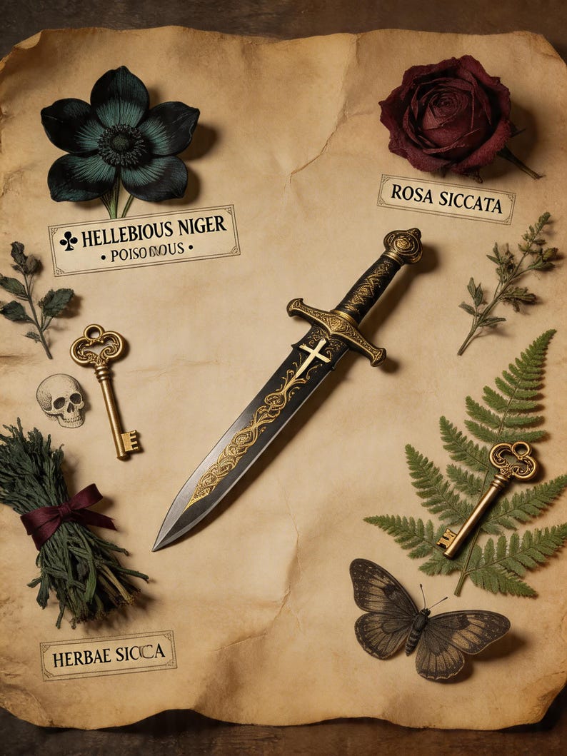 Dagger Labeled Dark Academia Printable Ornate Daggar Pressed Flowers Aged Parchment ...