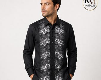 Kaymaluxe Men's Luxury Black Paisley Button Down Shirt, Ornate Gold & Silver Pattern