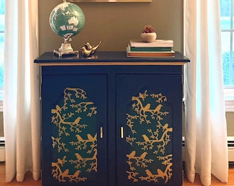 Blue & Gold Refurbished Cabinet w/ Unique Bird Design