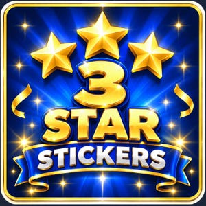 Op de afbeelding: Een vierkante afbeelding met drie gouden sterren boven de grote gouden tekst 3 STAR en het woord STICKERS in witte letters op een blauw lint. Het ontwerp bevat een diepblauwe achtergrond met stralende lichtbundels en kleine fonkelende sterren.