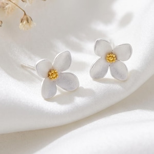 S999 Sterling Silver Gardenia Flower Stud Earrings, Matte Sandblasted Two-Tone Floral Jewelry