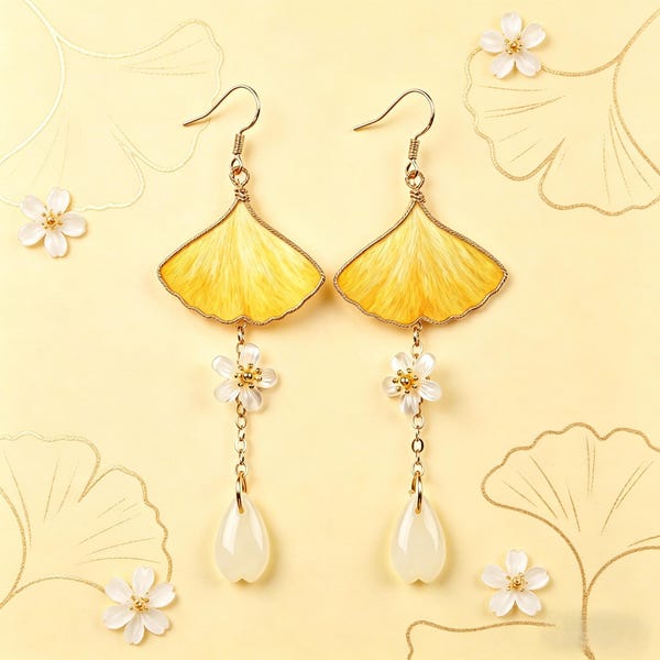 Ginkgo Leaf Silk Velvet Earrings, Floral Jade Drop Gold-Plated Face-Framing Earrings
