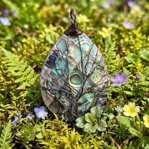 May include: Abalone shell pendant with a wire-wrapped tree design. The iridescent shell is set in a teardrop shape, with a detailed tree crafted from dark wire. The pendant is surrounded by green moss and small wildflowers.