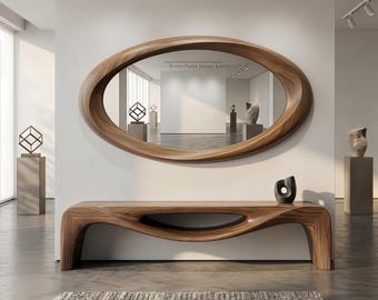 Espejo asimétrico de nogal de estilo moderno de mediados de siglo, decoración de pared escultórica de madera.