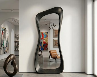 Black Oak Asymmetrical Floor Mirror, Mid Century Sculptural Wood Design