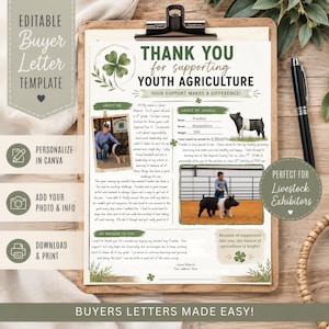 May include: An editable buyer letter template for youth agriculture on a clipboard. The document features green text, a four-leaf clover graphic, and sections for a photo, animal details, and a personal message. It includes a black pen and a white cloth.