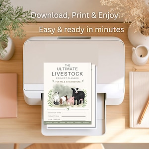 May include: A printed document titled The Ultimate Livestock Project Planner for FFA & 4-H Exhibitors, featuring watercolor illustrations of a sheep, goat, pig, and cow. The page includes lines for exhibitor name, project year, and club chapter.