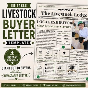 May include: An editable livestock buyer letter template designed as a newspaper titled The Livestock Ledger. The document features sections for exhibitor information, project details, auction data, and a photo placeholder of a person with a sheep.