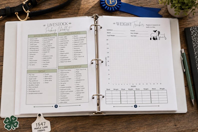 May include: A white three-ring binder open to two pages featuring a Livestock Packing Checklist with columns for sheep, goat, and swine supplies, and a Weight Tracker page with a grid graph and space for animal information, including small line art illustrations.