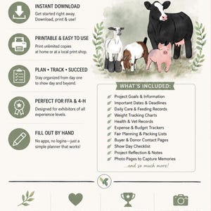 May include: A 31-page printable journal featuring watercolor illustrations of a cow, a sheep, a goat, and a pig. The document includes sections for project goals, weight tracking, health records, expense trackers, and checklists for livestock projects.