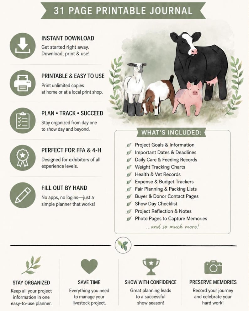 May include: A 31-page printable journal featuring watercolor illustrations of a cow, a sheep, a goat, and a pig. The document includes sections for project goals, weight tracking, health records, expense trackers, and checklists for livestock projects.