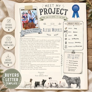 May include: A livestock project buyer's letter template featuring the text Meet My Project, From: Alexa Morris, and Project Facts. It includes a photo of a person with a hog, a blue ribbon graphic, and illustrations of a goat, pig, chicken, sheep, turkey, and cow.