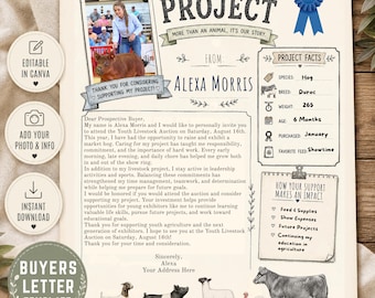 May include: A livestock project buyer's letter template featuring the text Meet My Project, From: Alexa Morris, and Project Facts. It includes a photo of a person with a hog, a blue ribbon graphic, and illustrations of a goat, pig, chicken, sheep, turkey, and cow.