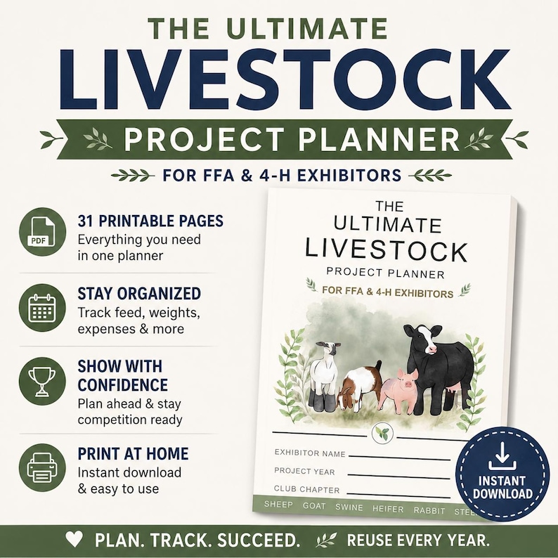 May include: A digital planner titled The Ultimate Livestock Project Planner for FFA & 4-H Exhibitors. It features 31 printable pages, tracking for feed, weights, and expenses. The cover displays a watercolor illustration of a sheep, goat, pig, and cow.