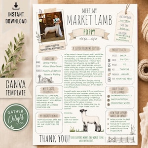 Può includere: Un modello Canva stampabile per un volantino di un progetto di agnello da mercato. Il documento presenta il titolo Meet My Market Lamb, una foto di una persona con un agnello, fatti sul progetto, una lettera di Jenna Franks e sezioni sul progetto.