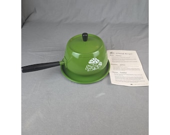 Vintage 70s Fondue Pot Avocado Green white Japan cooking pot retro mushroom