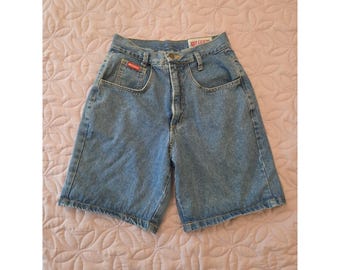 Vintage 90-tals Not Guilty blå denimshorts med hög midja för kvinnor, liten storlek USA