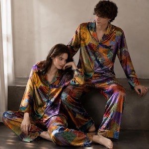 Partner-Pyjama-Set aus Satin, farbenfroher Patchwork-Langarmpyjama für Damen und Herren, Boho-Nachtwäsche, Jahrestagsgeschenk für Paare