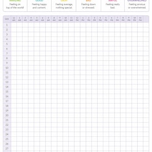May include: A Daily Mood Tracker printable with a purple grid for tracking daily moods. The top section features six emoji faces representing different moods, from "Amazing" to "Overwhelmed." The title "Daily Mood Tracker" is at the top.