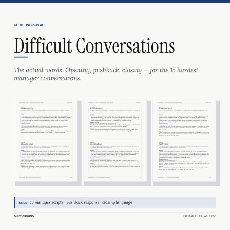 Difficult Conversations Script Library cover — 15 manager scripts for the hardest conversations: opening, pushback response, closing
