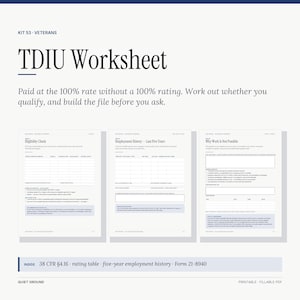 Puede incluir: Una hoja de trabajo TDIU en PDF, imprimible y rellenable, para veteranos, con secciones de elegibilidad, historial laboral y motivos de incapacidad laboral. Incluye referencias a 38 CFR §4.16, tablas de calificación y el formulario 21-8940.