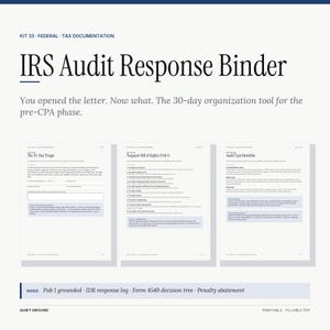 May include: A digital IRS Audit Response Binder kit featuring tax documentation templates. The document includes sections titled The 30-Day Triage, Taxpayer Bill of Rights, and Audit Type Identifier, with text detailing audit response procedures.