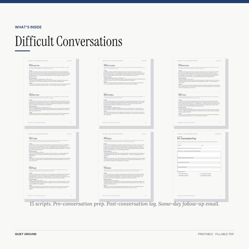 Pages from Difficult Conversations Kit showing 6 manager scripts including chronic lateness, BO, performance improvement