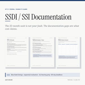 May include: A digital document set titled KIT 31 FEDERAL DISABILITY CLAIMS SSDI / SSI Documentation. It includes three pages: SSDI vs SSI Decoder, Sequential Evaluation (5 Steps), and Medical Evidence Inventory, with a footer listing Blue Book listings.
