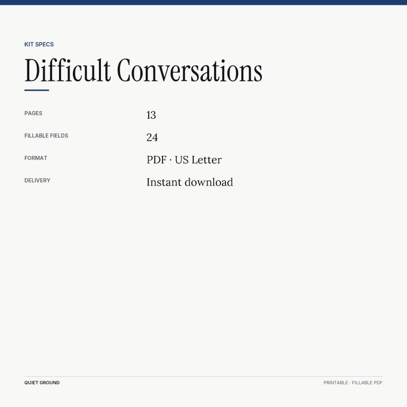 Difficult Conversations Kit specs: 13 pages, 24 fillable fields, US Letter PDF, instant download, $24 intro