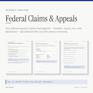 Federal Claims Appeals Bundle | VA SSDI Workers Comp Whistleblower Audit | Disability Injury Tax Documentation | 5 Kits Fillable PDF