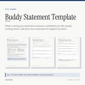 Könnte beinhalten: Ein digitales Buddy Statement Vorlagen-Kit für Veteranen mit drei druckbaren Seiten: What Makes a Statement Count, Buddy Statement Worksheet und Your Statement in Support of Claim, alles auf einem weißen Hintergrund.