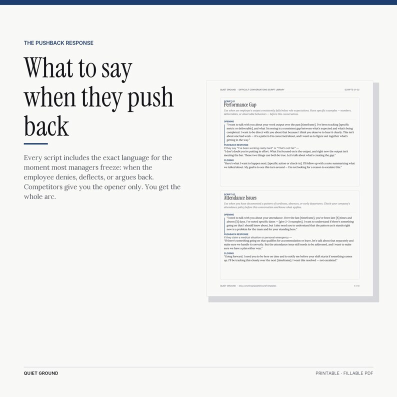 What to say when they push back — pushback response page from Difficult Conversations Kit, the differentiator competitors skip