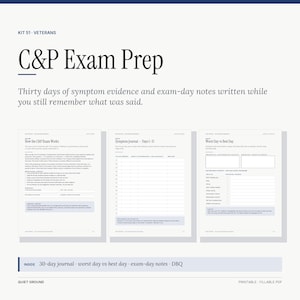 Könnte beinhalten: Ein digitales Dokument mit dem Titel C&P Exam Prep für Veteranen, bestehend aus drei Seiten: How the C&P Exam Works, ein Symptomtagebuch für die Tage 1-15 und ein Worst Day vs Best Day Tracker. Das Layout enthält Text, Tabellen und Kontrollkästchen.