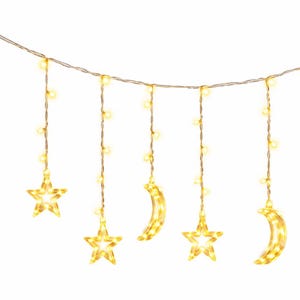 May include: A string of warm white LED fairy lights featuring alternating hanging crescent moon and star-shaped ornaments. The thin wire supports multiple small glowing bulbs along the main strand and down each vertical drop.