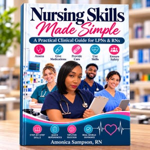 May include: A book titled Nursing Skills Made Simple: A Practical Clinical Guide for LPNs & RNs by Amonica Sampson, RN. The cover features four healthcare professionals in scrubs, medical icons, and a heart-shaped EKG line graphic.