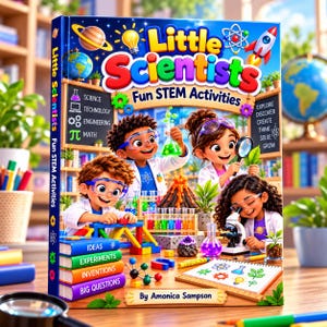 May include: A hardcover book titled Little Scientists Fun STEM Activities by Amonica Sampson. The cover features three children in lab coats conducting experiments with a volcano, microscope, test tubes, and colorful building blocks.