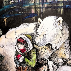 May include: An illustration shows a child in winter clothing with a polar bear and a dark-furred animal. The child wears a red hat, scarf, and mittens, with a green coat. The background features a starry night and aurora borealis.