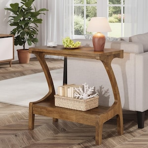 Solid Wood End Table Narrow Side Table 2 Tier Shelf Small Space Living Room
