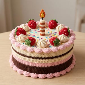 May include: A round crochet cake featuring horizontal stripes of brown, light pink, and cream yarn. The top is decorated with red strawberries, cream-colored dollops, colorful yarn sprinkles, and a central candle with an orange flame.