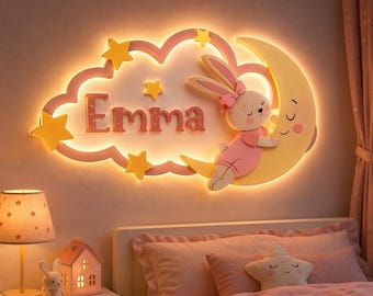 Lámpara de pared LED personalizada con nombre de bebé – Decoración infantil con conejito y luna, lámpara cortada con láser para habitación infantil