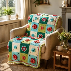 May include: A crochet blanket featuring a grid of square patches in cream, lime green, and teal. Each square is adorned with a three-dimensional crocheted flower in shades of red, coral, or light blue. The blanket has a decorative pom-pom border.