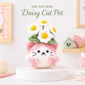 Daisy Cat Pot Crochet Pattern, Amigurumi Planter PDF, Handmade Flower Decor