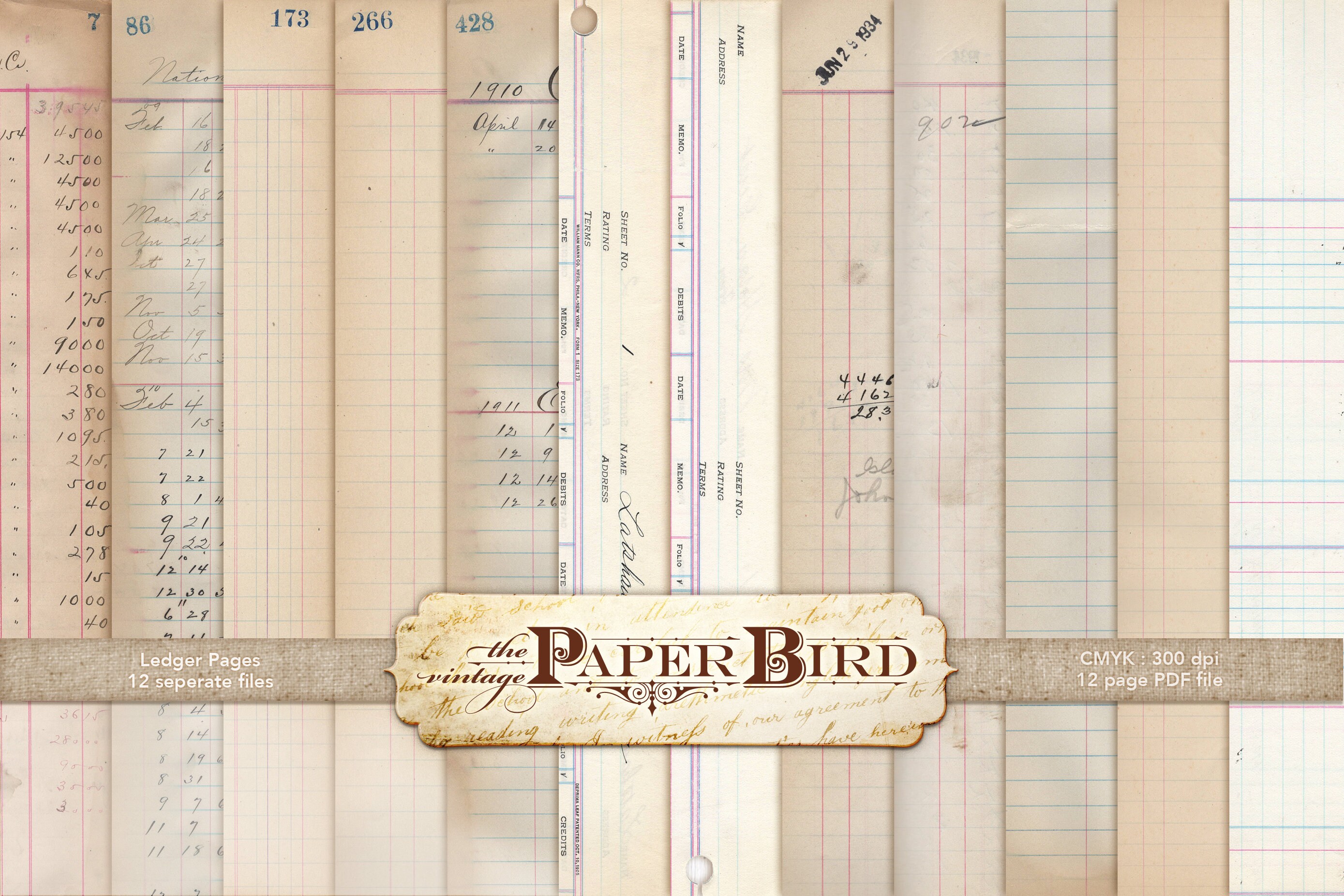 Vintage Ledger Pages : 12 pieces | 8.5"x11", 300 dpi 2 PDF …