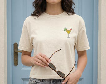 Camiseta holgada con estampado gráfico de margarita picante bordada / 100% algodón / Regalo para amantes del tequila / Camiseta minimalista para vacaciones de verano
