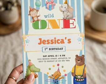 Wild One First Birthday Invitation Template, Safari Animals 1st Birthday Invite, Editable Canva Template, Watercolor Jungle Animals Download