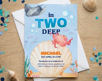 In Two Deep 2nd Birthday Invitation Template, Under the Sea Watercolor Birthday Invite, Editable Canva Mobile & Print, Ocean Animal Theme