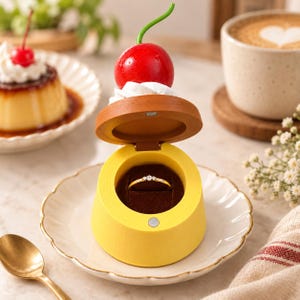 Op de afbeelding: Een geel houten ringdoosje in de vorm van een dessert, met een scharnierend deksel bekroond met een rode kers en witte room. Het open doosje toont een donkerbruine fluwelen binnenkant met een dunne gouden ring met drie kleine steentjes.