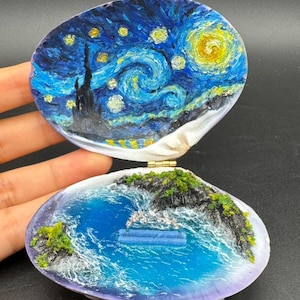 Miniature Ocean Proposal Ring Box, Handmade Wedding Seashell Ring Box, Purple Shell Engagement Ring Box, Starry Night