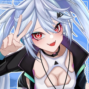 May include: An anime-style illustration of a character with long, light blue hair styled in twin tails, red eyes, and a sharp tooth. The character wears a black jacket over a white cutout top with a black choker and a small black triangle hair clip.